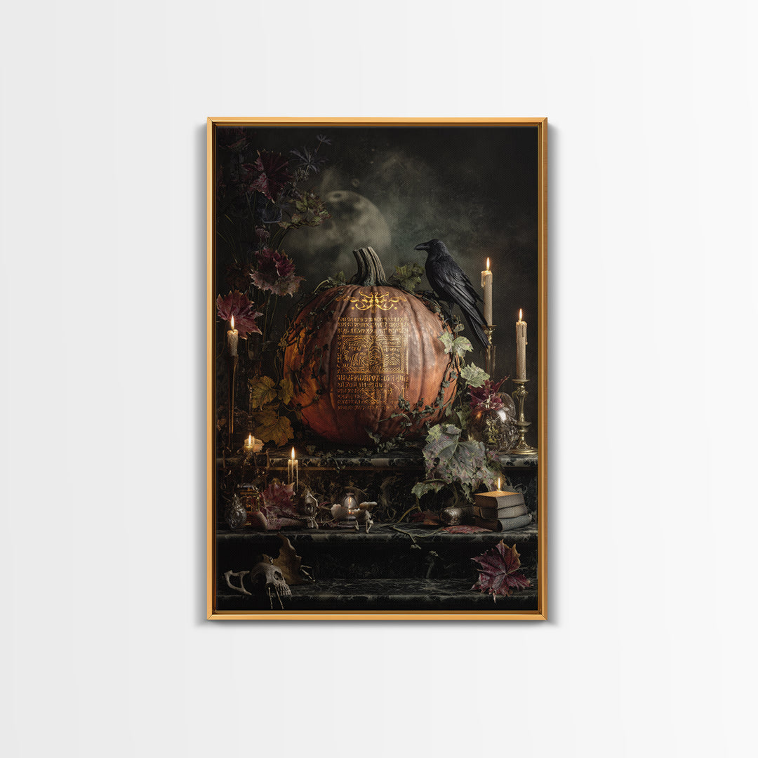The Gold-Crowned Pumpkin Oracle - Occult Still Life, Macabre Halloween Art, Vertical Wall Art, Framed Canvas Print, Halloween Home Decor