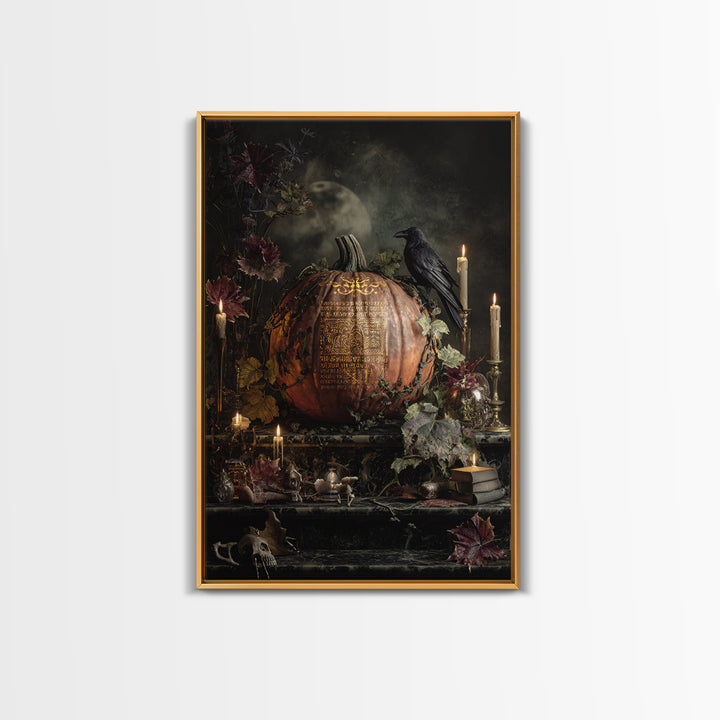 The Gold-Crowned Pumpkin Oracle - Occult Still Life, Macabre Halloween Art, Vertical Wall Art, Framed Canvas Print, Halloween Home Decor