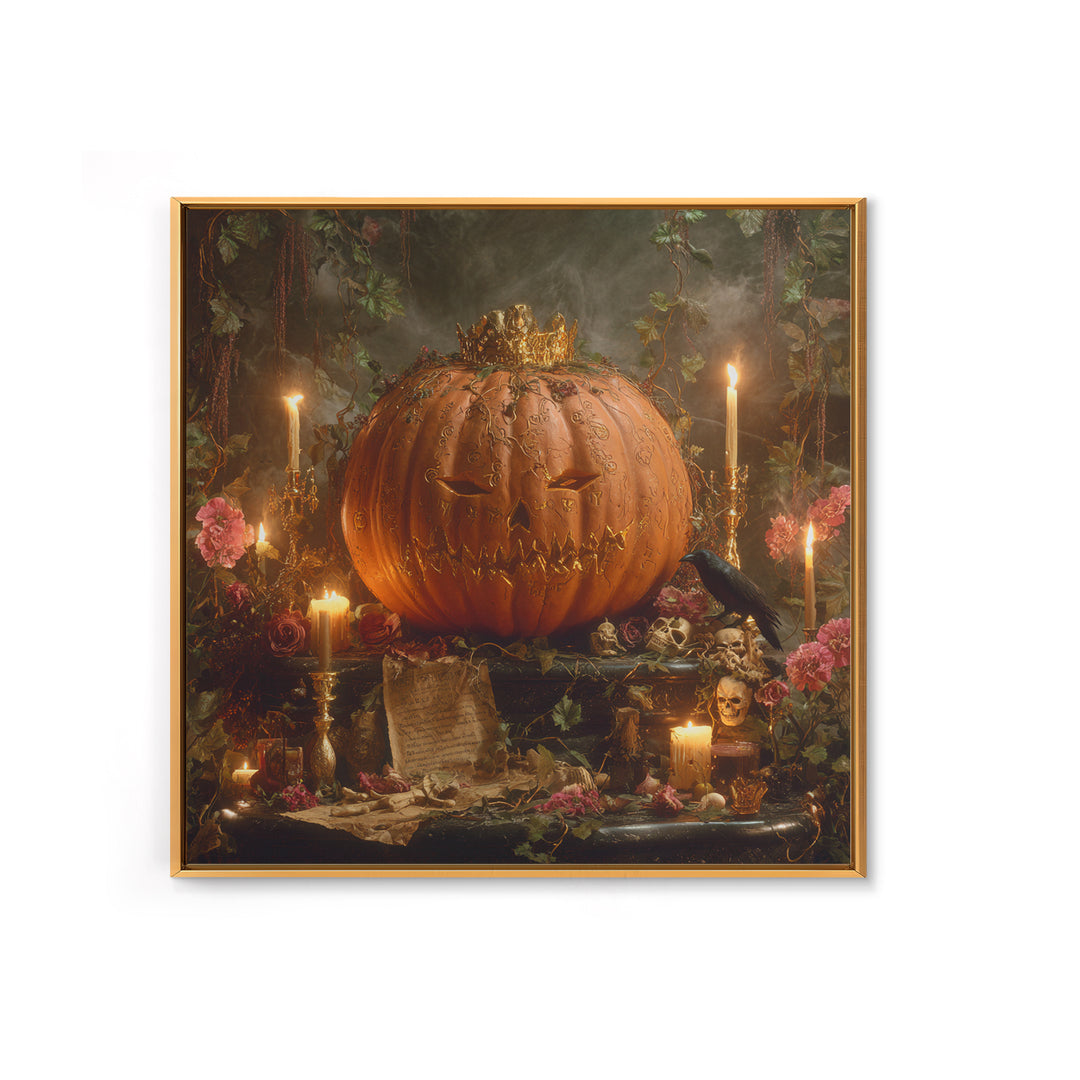 The Gold-Crowned Pumpkin Oracle - Occult Still Life, Gothic Home Decor, Square Wall Art, Canvas Print, Halloween Home Decor, Gothic Wall Art
