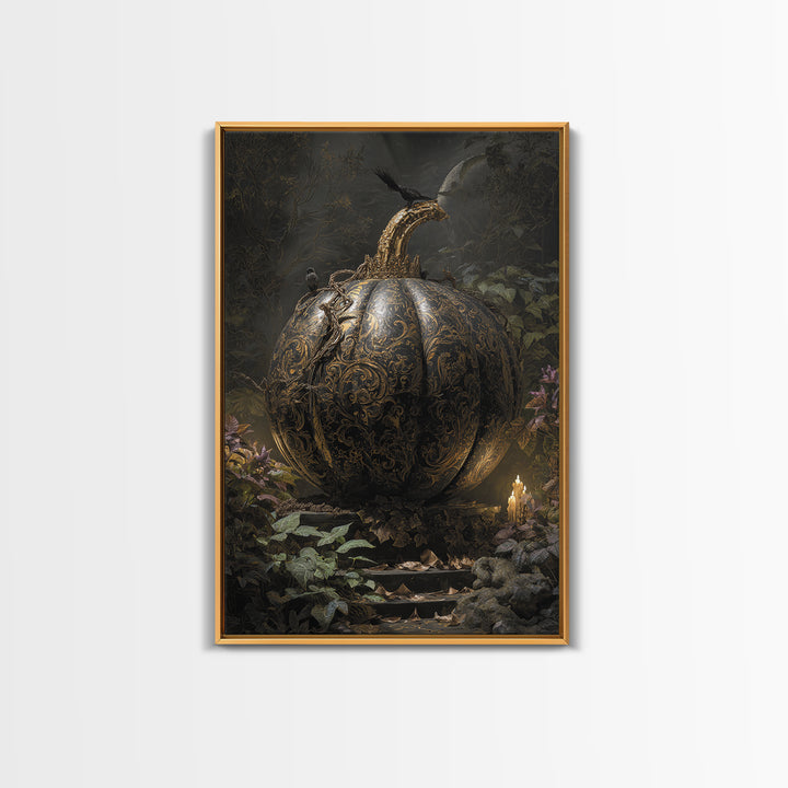 The Gold-Crowned Pumpkin Oracle - Procession Scene, Halloween Wall Art, Vertical Wall Art, Framed Canvas Print, Halloween Home Decor
