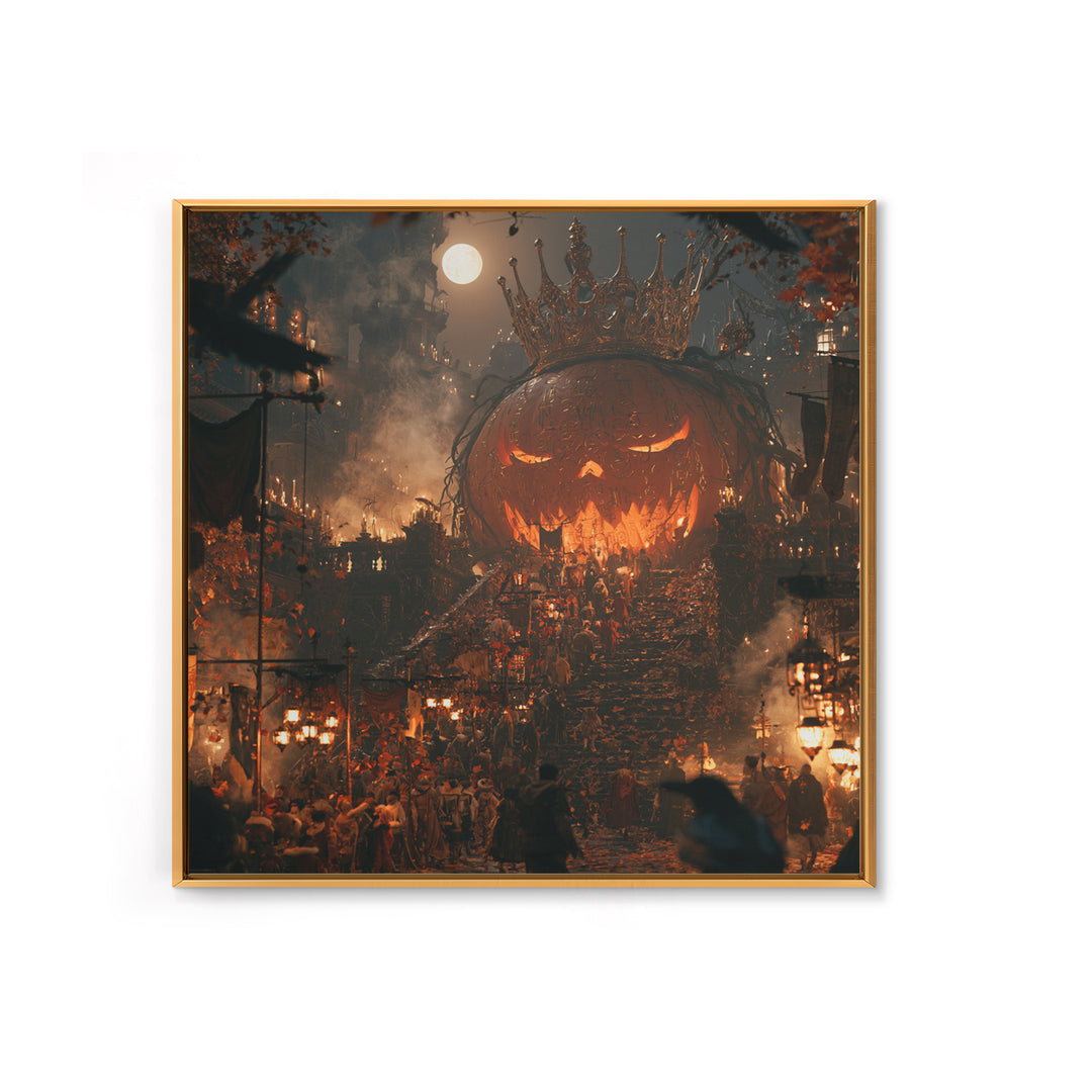 The Gold-Crowned Pumpkin Oracle - Procession Scene, Dark Fantasy Wall Art, Square Wall Art, Canvas Print, Halloween Home Decor