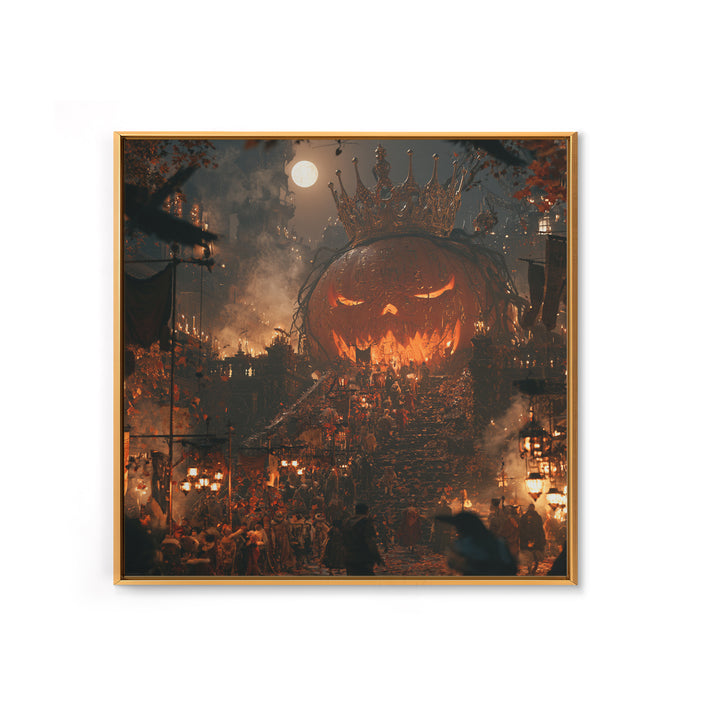 The Gold-Crowned Pumpkin Oracle - Procession Scene, Dark Fantasy Wall Art, Square Wall Art, Canvas Print, Halloween Home Decor