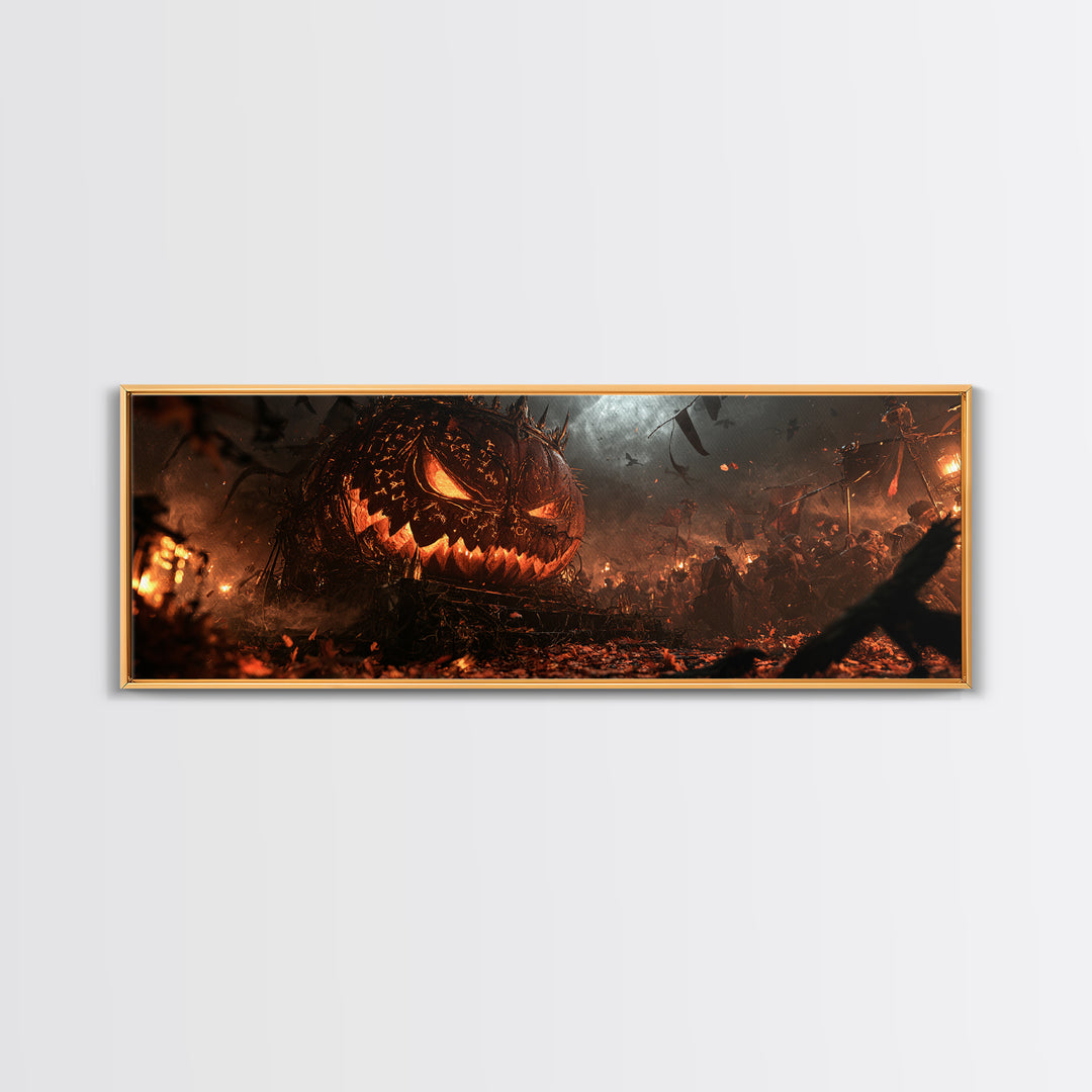 The Gold-Crowned Pumpkin Oracle - Procession Scene, Macabre Halloween Art, Extra Wide Wall Art, Framed Canvas Print, Halloween Home Decor