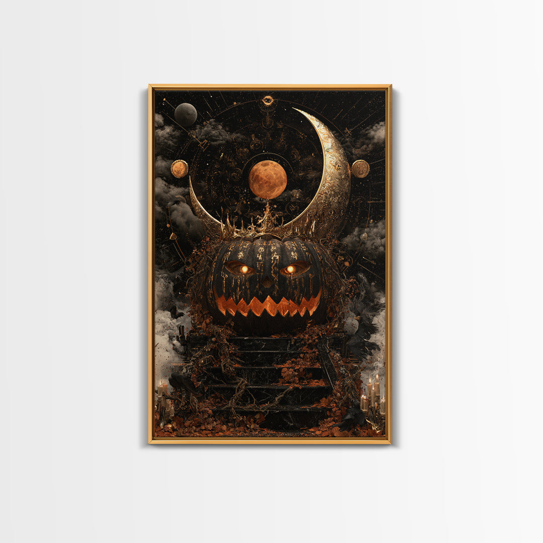 The Gold-Crowned Pumpkin Oracle - Surreal Celestial Vision, Spooky Wall Decor, Vertical Wall Art, Framed Canvas Print, Halloween Home Decor