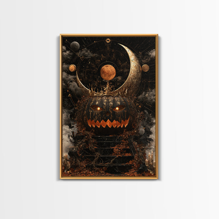 The Gold-Crowned Pumpkin Oracle - Surreal Celestial Vision, Spooky Wall Decor, Vertical Wall Art, Framed Canvas Print, Halloween Home Decor