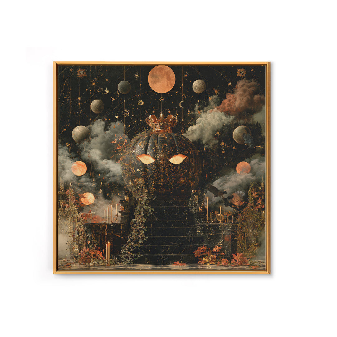 The Gold-Crowned Pumpkin Oracle - Surreal Celestial Vision, Gothic Home Decor, Square Wall Art, Canvas Print, Halloween Home Decor
