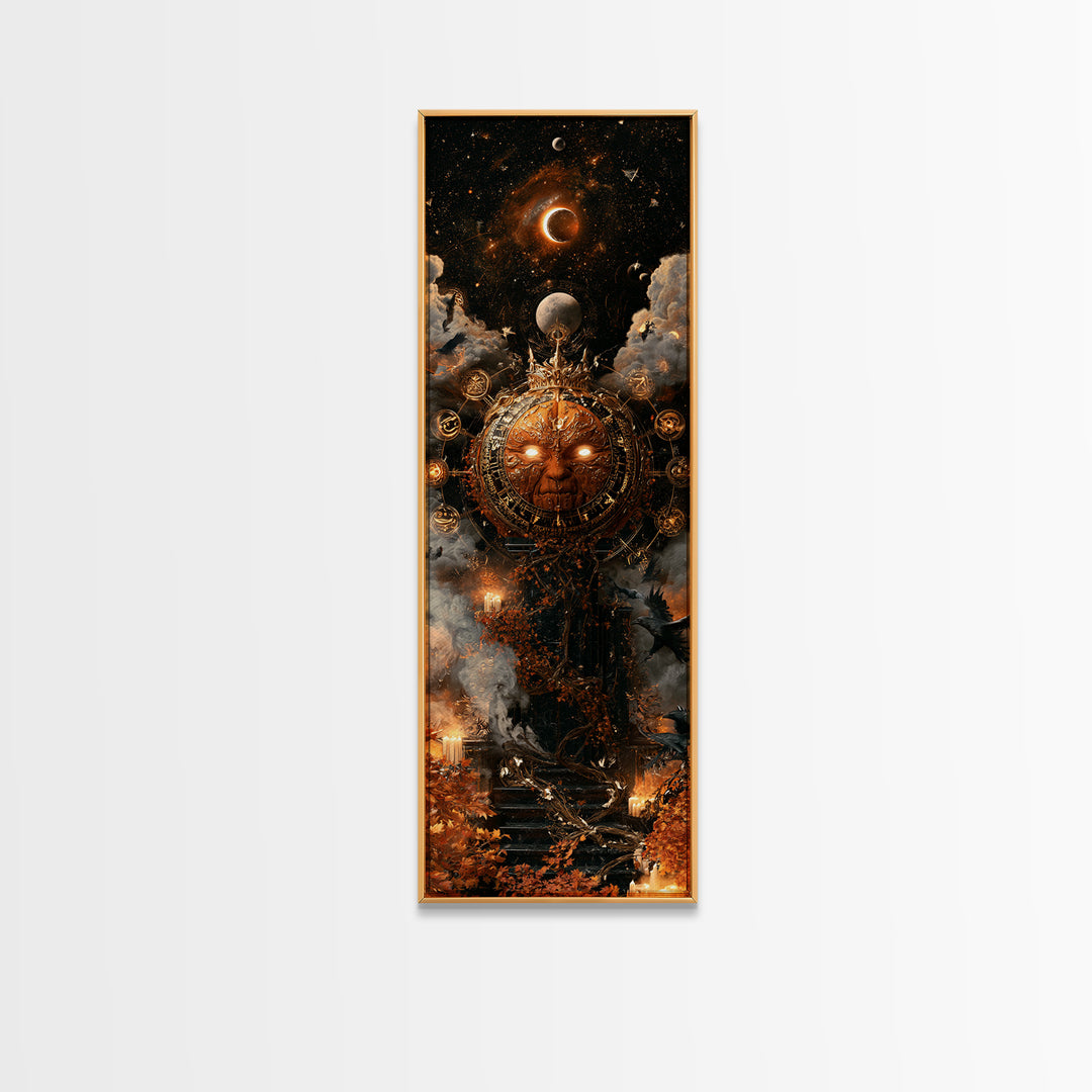 The Gold-Crowned Pumpkin Oracle - Surreal Celestial Vision, Gothic Home Decor, Tall Narrow Wall Art, Canvas Print, Halloween Home Decor