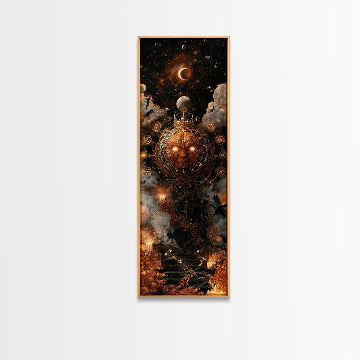 The Gold-Crowned Pumpkin Oracle - Surreal Celestial Vision, Gothic Home Decor, Tall Narrow Wall Art, Canvas Print, Halloween Home Decor