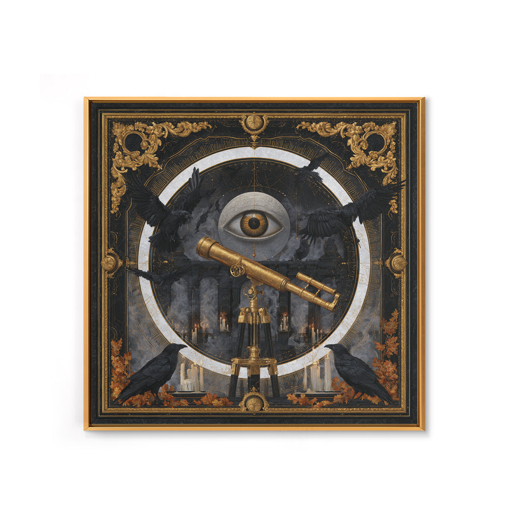The Midnight Raven Observatory - Icon Portrait, Spooky Wall Decor, Square Wall Art, Framed Canvas Print, Halloween Home Decor