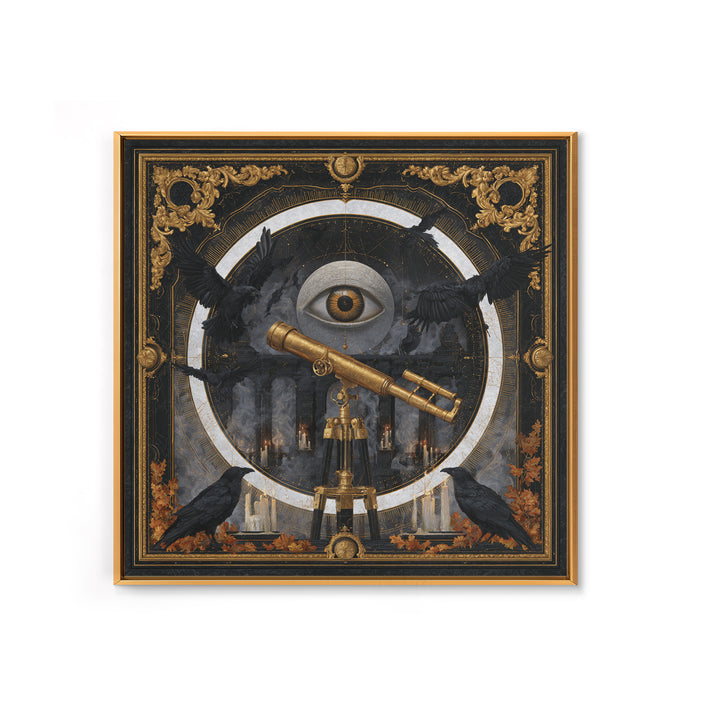 The Midnight Raven Observatory - Icon Portrait, Spooky Wall Decor, Square Wall Art, Framed Canvas Print, Halloween Home Decor