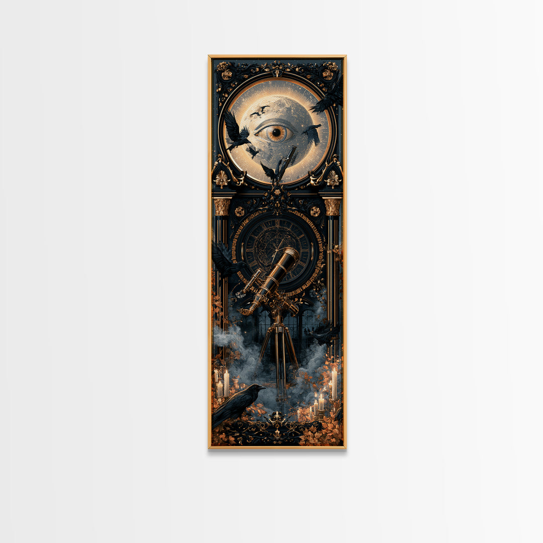 The Midnight Raven Observatory - Icon Portrait, Macabre Halloween Art, Tall Narrow Wall Art, Framed Canvas Print, Halloween Home Decor