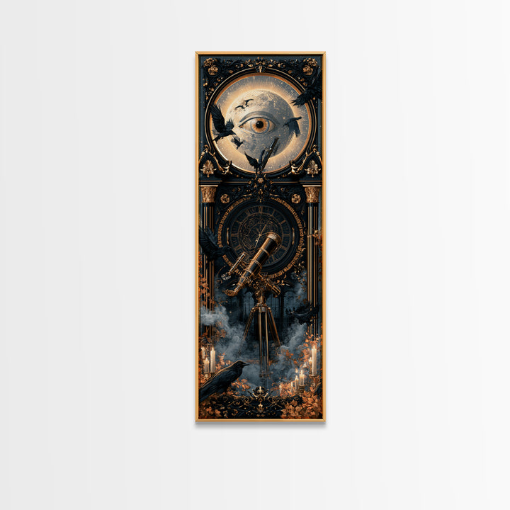 The Midnight Raven Observatory - Icon Portrait, Macabre Halloween Art, Tall Narrow Wall Art, Framed Canvas Print, Halloween Home Decor