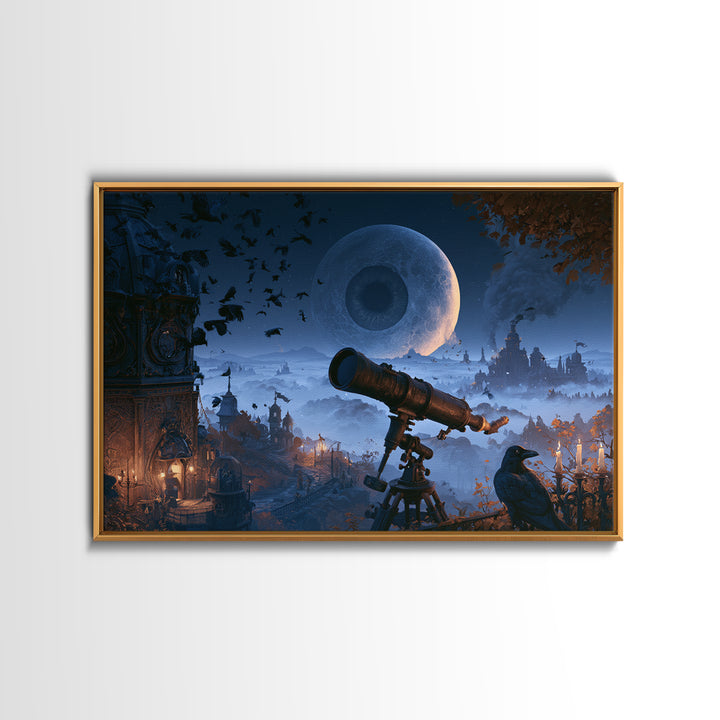 The Midnight Raven Observatory - Environmental Panorama, Halloween Wall Art, Landscape Wall Art, Framed Canvas Print, Halloween Home Decor