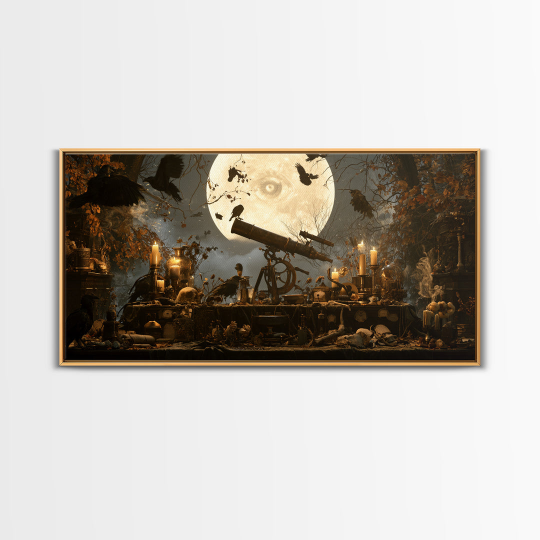 The Midnight Raven Observatory - Occult Still Life, Gothic Home Decor, Wide Panoramic Art, Canvas Print, Halloween Home Decor