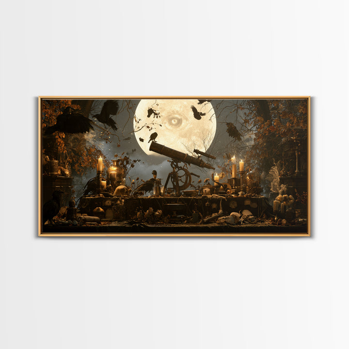 The Midnight Raven Observatory - Occult Still Life, Gothic Home Decor, Wide Panoramic Art, Canvas Print, Halloween Home Decor
