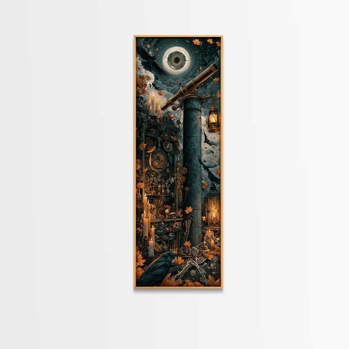 The Midnight Raven Observatory - Occult Still Life, Spooky Wall Decor, Tall Narrow Wall Art, Framed Canvas Print, Halloween Home Decor