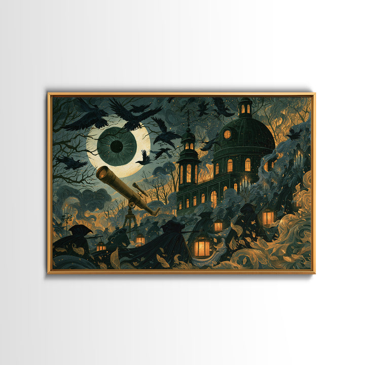 The Midnight Raven Observatory - Procession Scene, Halloween Wall Art, Landscape Wall Art, Framed Canvas Print, Halloween Home Decor