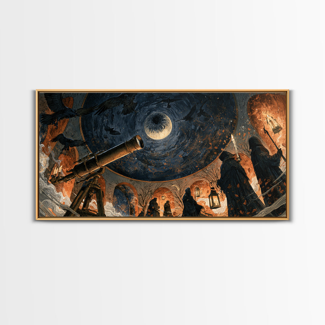 The Midnight Raven Observatory - Procession Scene, Spooky Wall Decor, Wide Panoramic Art, Framed Canvas Print, Halloween Home Decor