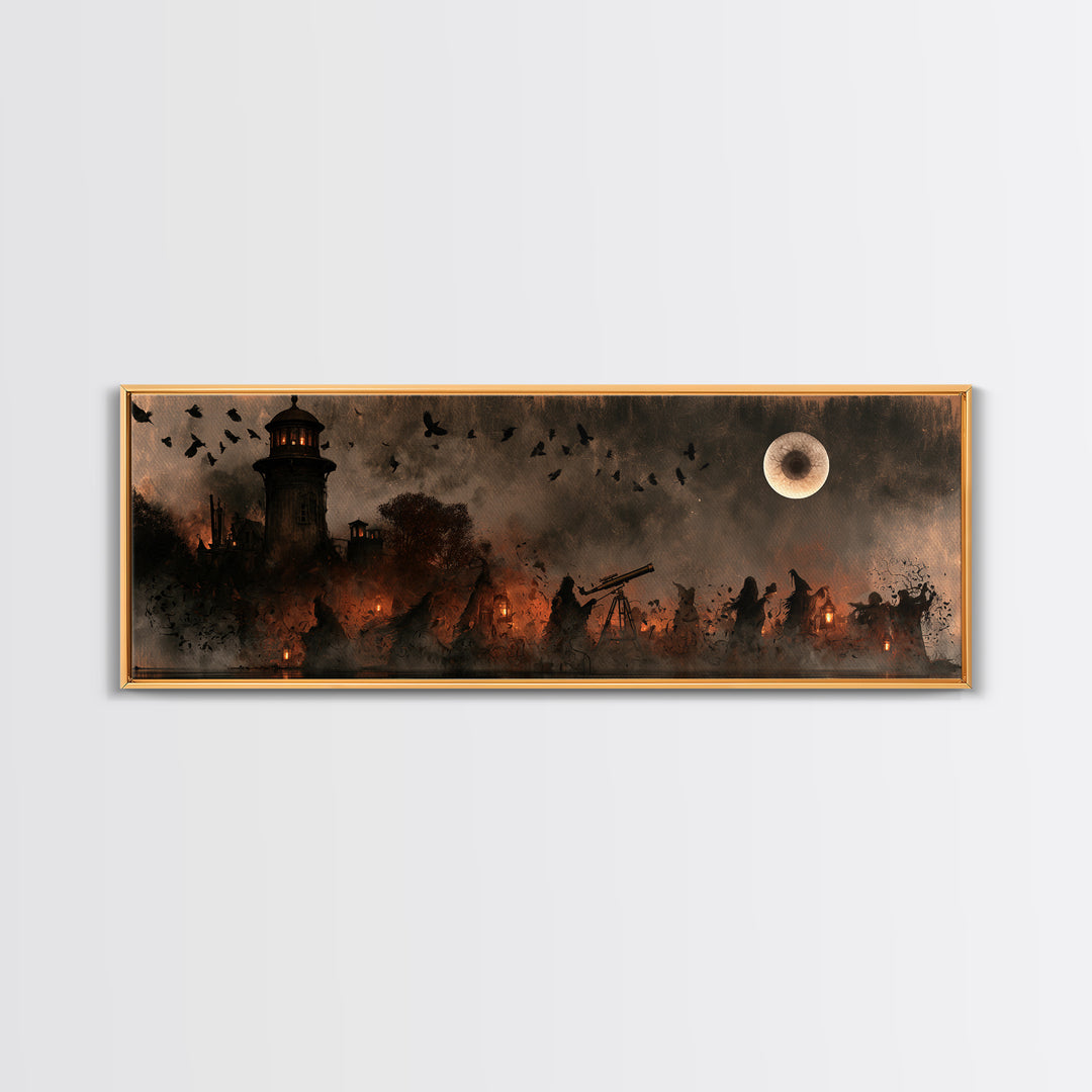 The Midnight Raven Observatory - Procession Scene, Macabre Halloween Art, Extra Wide Wall Art, Framed Canvas Print, Halloween Home Decor