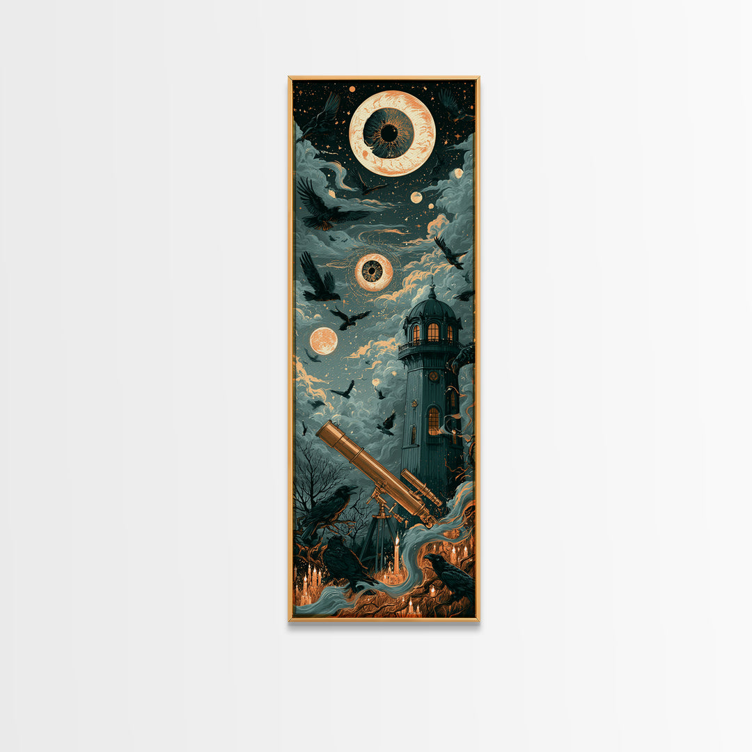 The Midnight Raven Observatory - Surreal Celestial Vision, Halloween Wall Art, Tall Narrow Wall Art, Framed Canvas Print, Gothic Wall Art