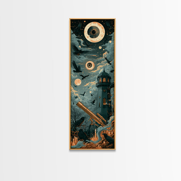 The Midnight Raven Observatory - Surreal Celestial Vision, Halloween Wall Art, Tall Narrow Wall Art, Framed Canvas Print, Gothic Wall Art