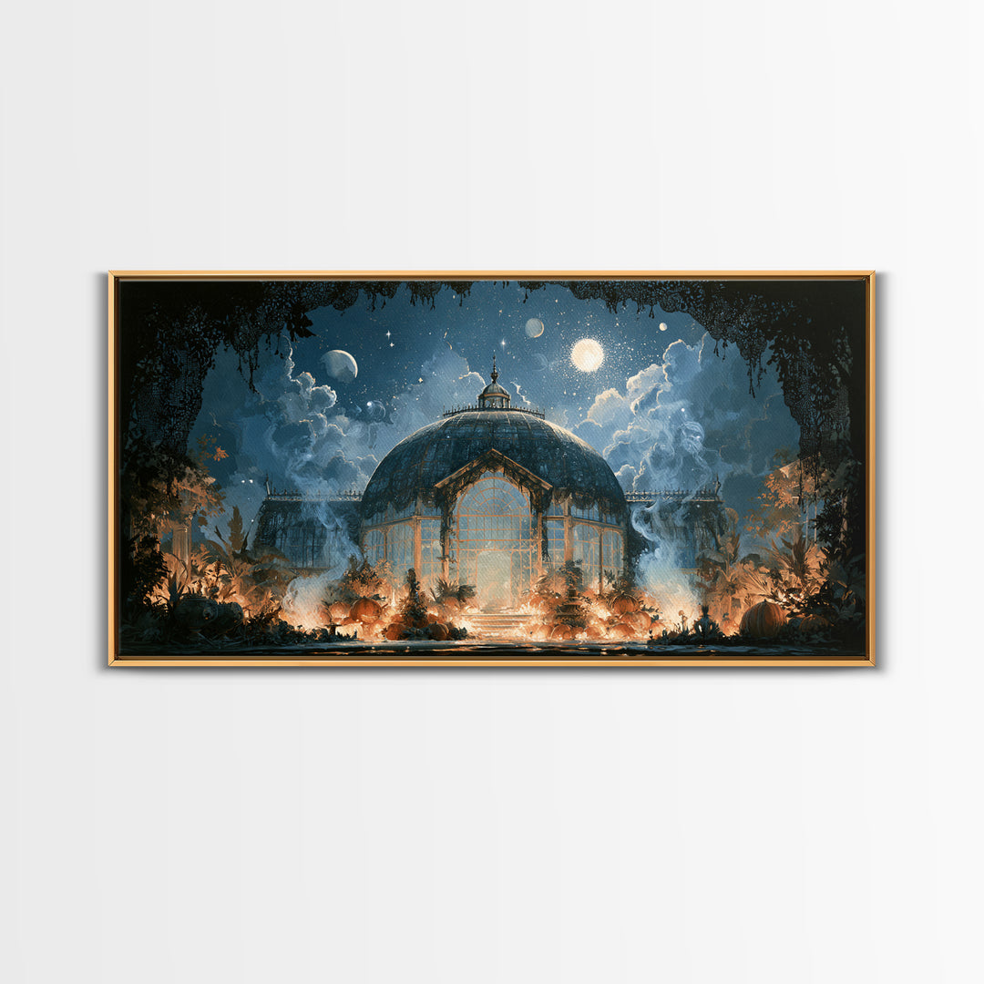 The Black Lace Haunted Conservatory - Surreal Celestial Vision, Occult Wall Decor, Wide Panoramic Art, Canvas Print, Halloween Home Decor