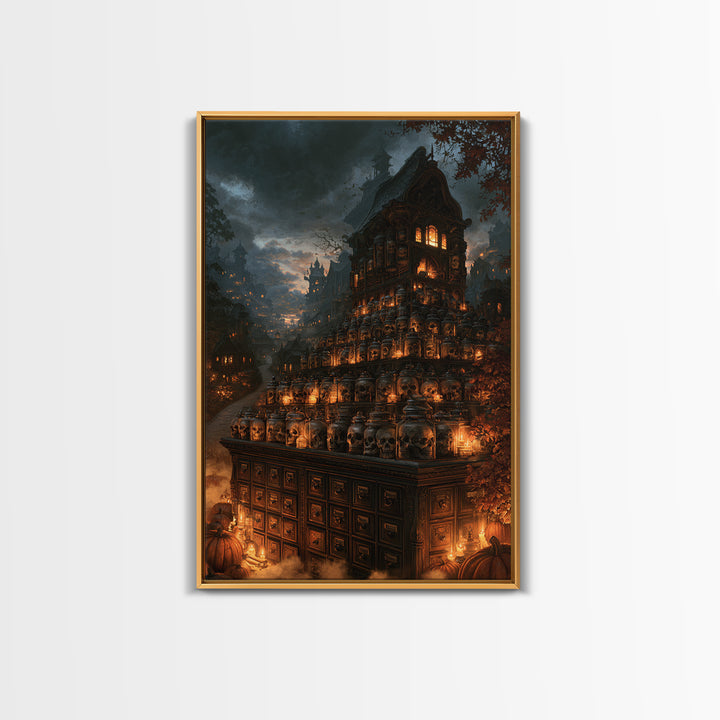 The Candlelit Skull Apothecary - Environmental Panorama, Halloween Wall Art, Vertical Wall Art, Framed Canvas Print, Halloween Home Decor