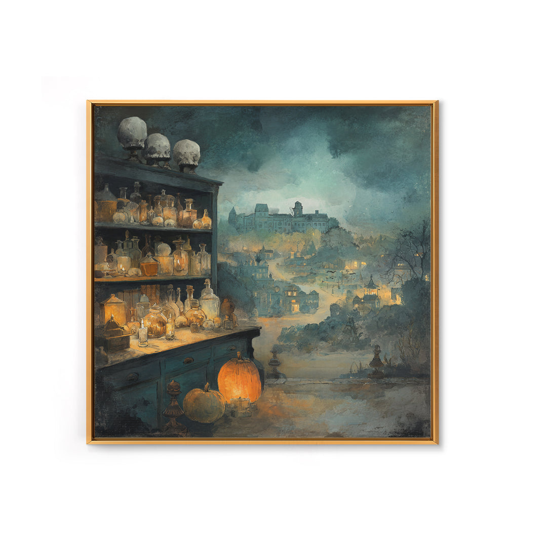 The Candlelit Skull Apothecary - Environmental Panorama, Dark Fantasy Wall Art, Square Wall Art, Canvas Print, Halloween Home Decor