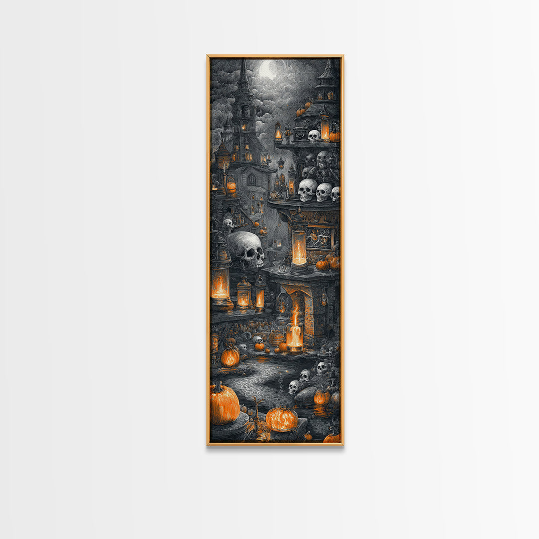 The Candlelit Skull Apothecary - Environmental Panorama, Macabre Halloween Art, Tall Narrow Wall Art, Framed Canvas Print, Gothic Wall Art