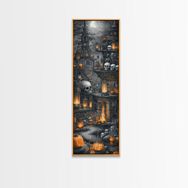The Candlelit Skull Apothecary - Environmental Panorama, Macabre Halloween Art, Tall Narrow Wall Art, Framed Canvas Print, Gothic Wall Art