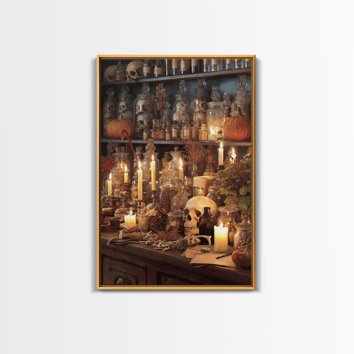 The Candlelit Skull Apothecary - Occult Still Life, Macabre Halloween Art, Vertical Wall Art, Framed Canvas Print, Halloween Home Decor