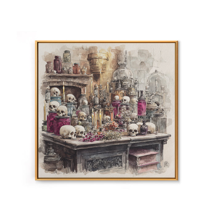 The Candlelit Skull Apothecary - Occult Still Life, Macabre Halloween Art, Square Wall Art, Framed Canvas Print, Halloween Home Decor