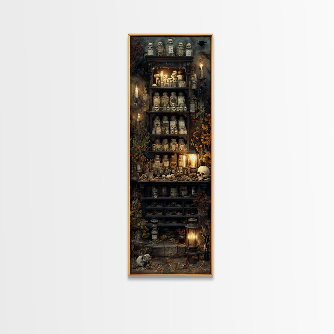 The Candlelit Skull Apothecary - Occult Still Life, Halloween Wall Art, Tall Narrow Wall Art, Framed Canvas Print, Halloween Home Decor