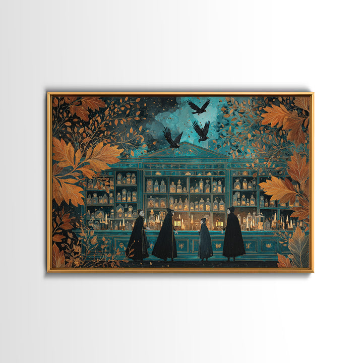 The Candlelit Skull Apothecary - Procession Scene, Spooky Wall Decor, Landscape Wall Art, Framed Canvas Print, Halloween Home Decor