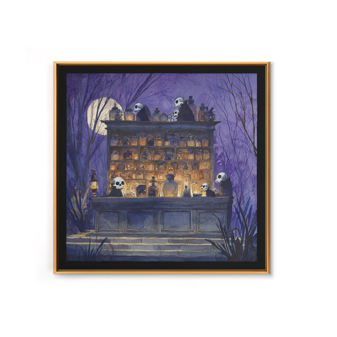The Candlelit Skull Apothecary - Procession Scene, Macabre Halloween Art, Square Wall Art, Framed Canvas Print, Halloween Home Decor
