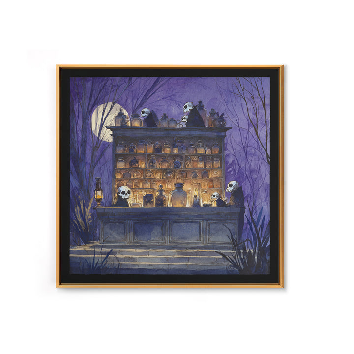 The Candlelit Skull Apothecary - Procession Scene, Macabre Halloween Art, Square Wall Art, Framed Canvas Print, Halloween Home Decor