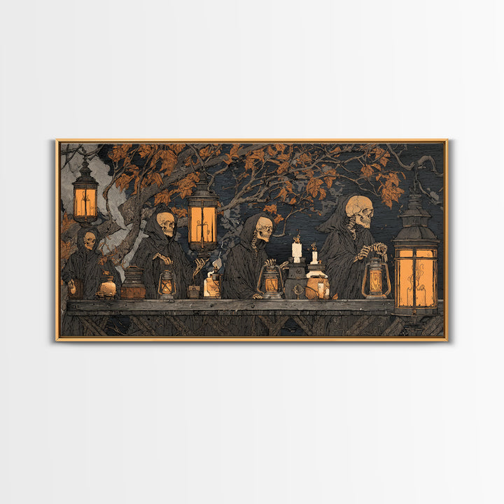 The Candlelit Skull Apothecary - Procession Scene, Spooky Wall Decor, Wide Panoramic Art, Framed Canvas Print, Halloween Home Decor
