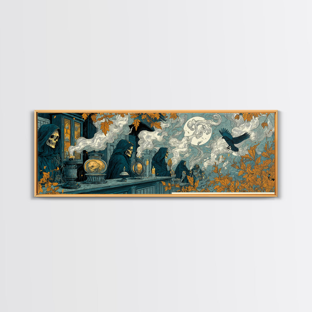 The Candlelit Skull Apothecary - Procession Scene, Macabre Halloween Art, Extra Wide Wall Art, Framed Canvas Print, Halloween Home Decor