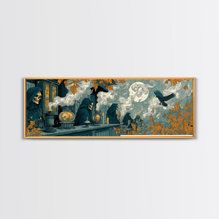 The Candlelit Skull Apothecary - Procession Scene, Macabre Halloween Art, Extra Wide Wall Art, Framed Canvas Print, Halloween Home Decor