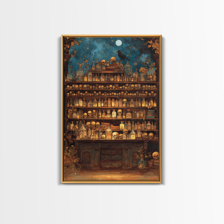 The Candlelit Skull Apothecary - Surreal Celestial Vision, Spooky Wall Decor, Vertical Wall Art, Framed Canvas Print, Halloween Home Decor