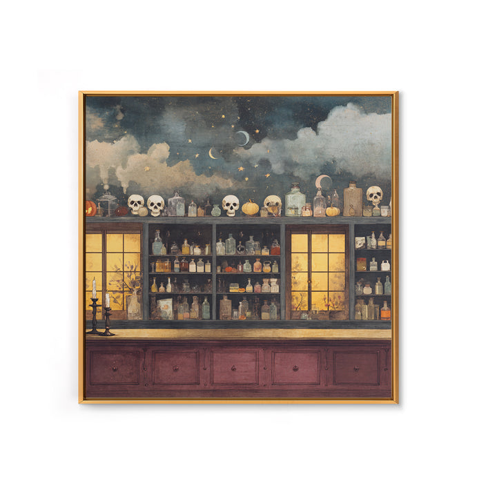 The Candlelit Skull Apothecary - Surreal Celestial Vision, Macabre Halloween Art, Square Wall Art, Framed Canvas Print, Halloween Home Decor