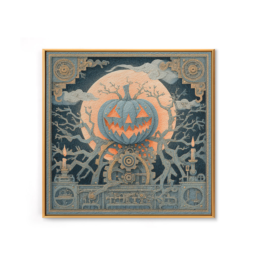 The Clockwork Jack-O-Lantern - Icon Portrait, Macabre Halloween Art, Square Wall Art, Framed Canvas Print, Halloween Home Decor