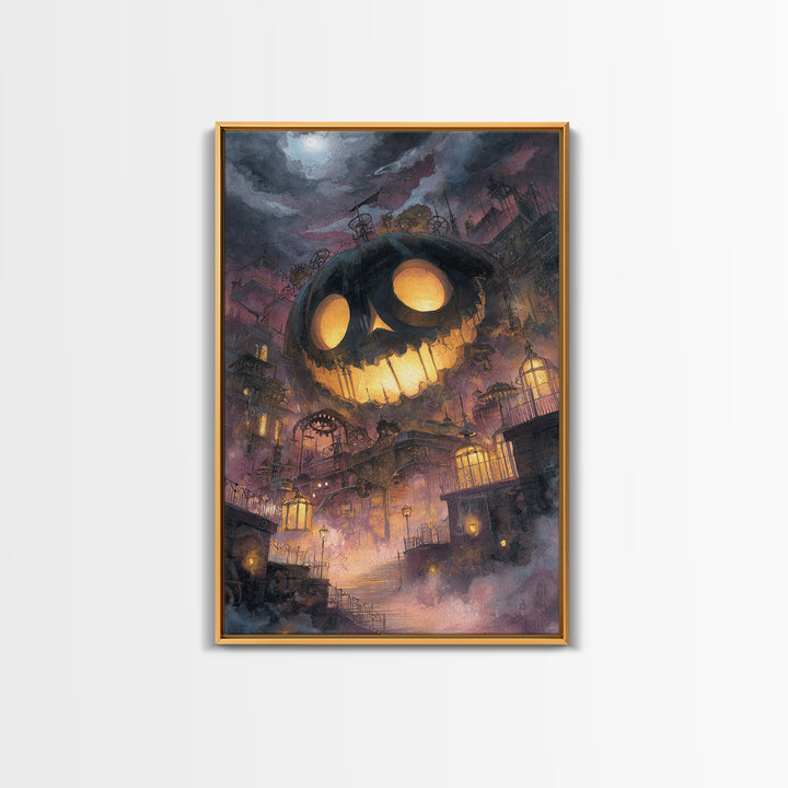 The Clockwork Jack-O-Lantern - Environmental Panorama, Macabre Halloween Art, Vertical Wall Art, Framed Canvas Print, Halloween Home Decor