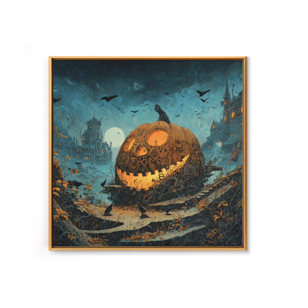 The Clockwork Jack-O-Lantern - Environmental Panorama, Macabre Halloween Art, Square Wall Art, Framed Canvas Print, Halloween Home Decor