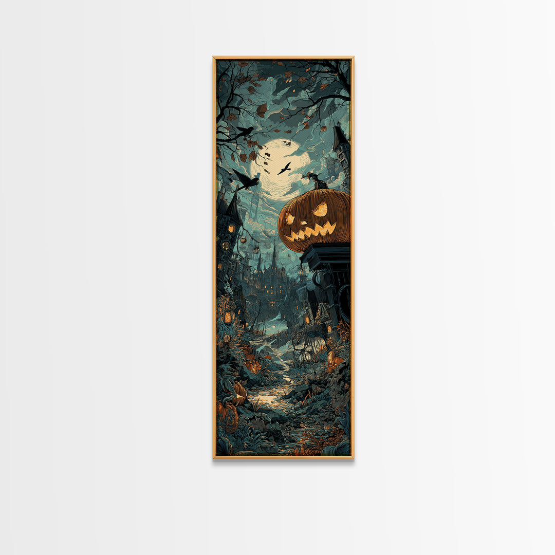 The Clockwork Jack-O-Lantern - Environmental Panorama, Dark Fantasy Wall Art, Tall Narrow Wall Art, Canvas Print, Halloween Home Decor
