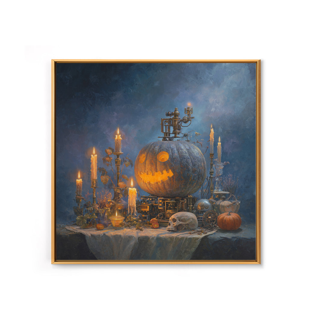 The Clockwork Jack-O-Lantern - Occult Still Life, Halloween Wall Art, Square Wall Art, Framed Canvas Print, Halloween Home Decor