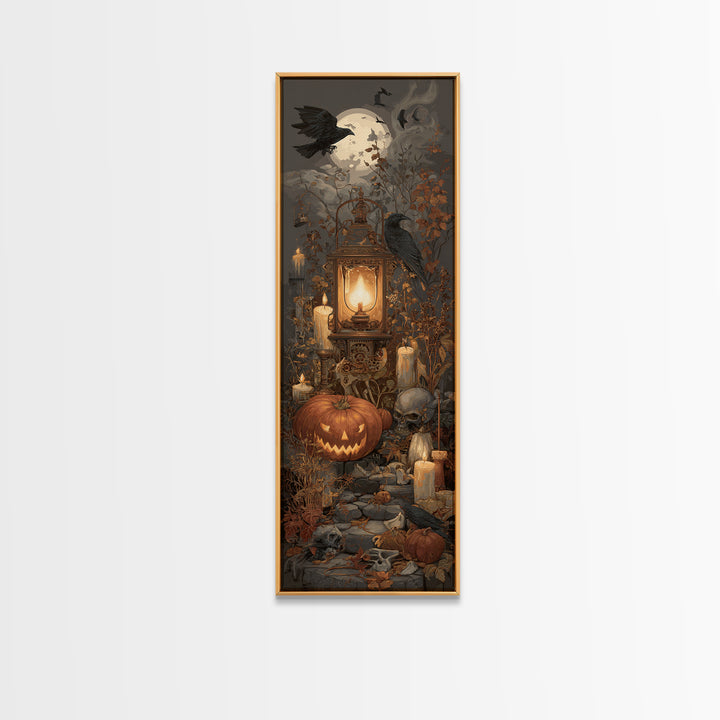 The Clockwork Jack-O-Lantern - Occult Still Life, Halloween Wall Art, Tall Narrow Wall Art, Framed Canvas Print, Halloween Home Decor