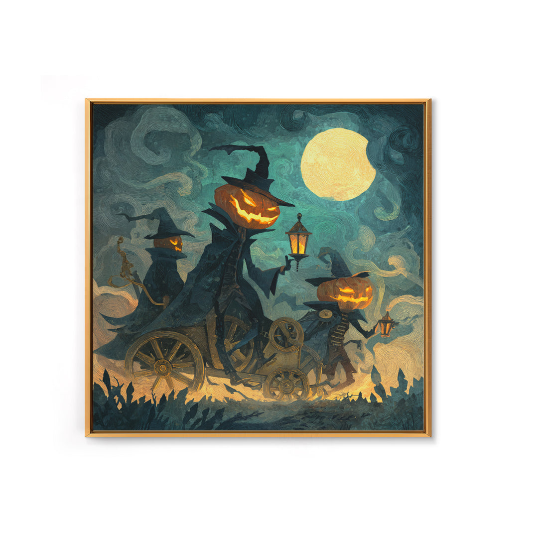 The Clockwork Jack-O-Lantern - Procession Scene, Spooky Wall Decor, Square Wall Art, Framed Canvas Print, Halloween Home Decor