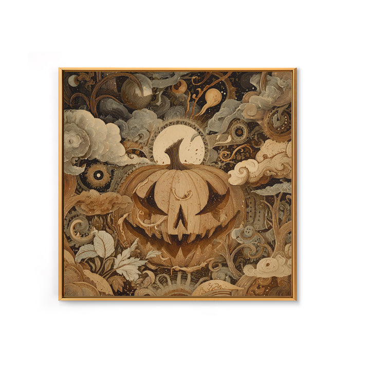The Clockwork Jack-O-Lantern - Surreal Celestial Vision, Spooky Wall Decor, Square Wall Art, Framed Canvas Print, Halloween Home Decor