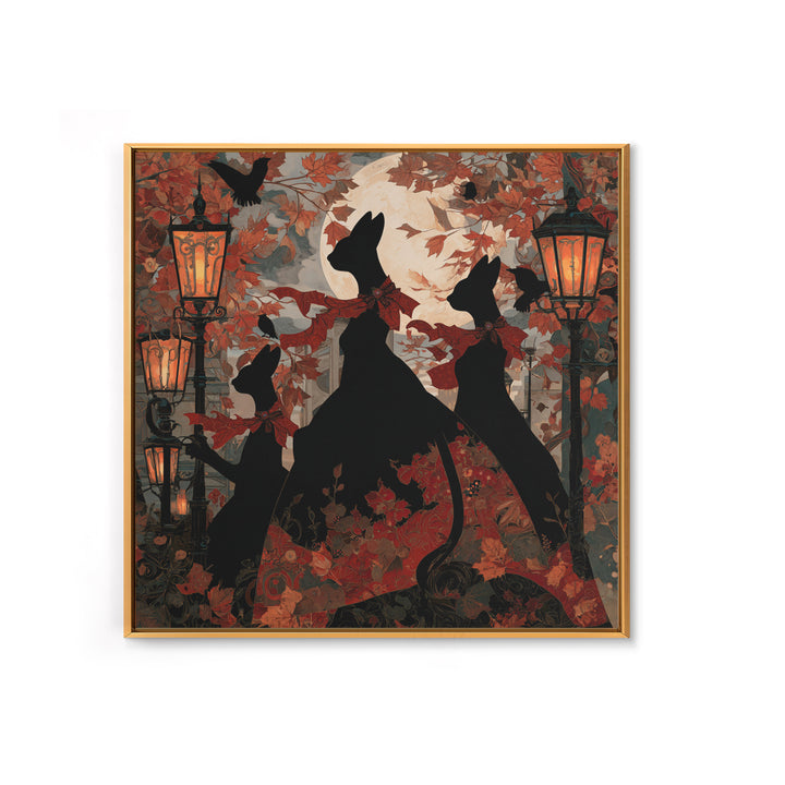 The Moonlit Cat Masquerade - Icon Portrait, Macabre Halloween Art, Square Wall Art, Framed Canvas Print, Halloween Home Decor